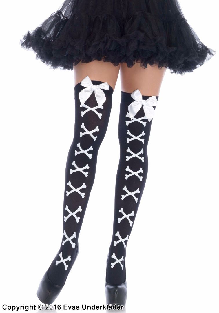 Thigh high stay-ups, opaque fabric, big bow, lacing